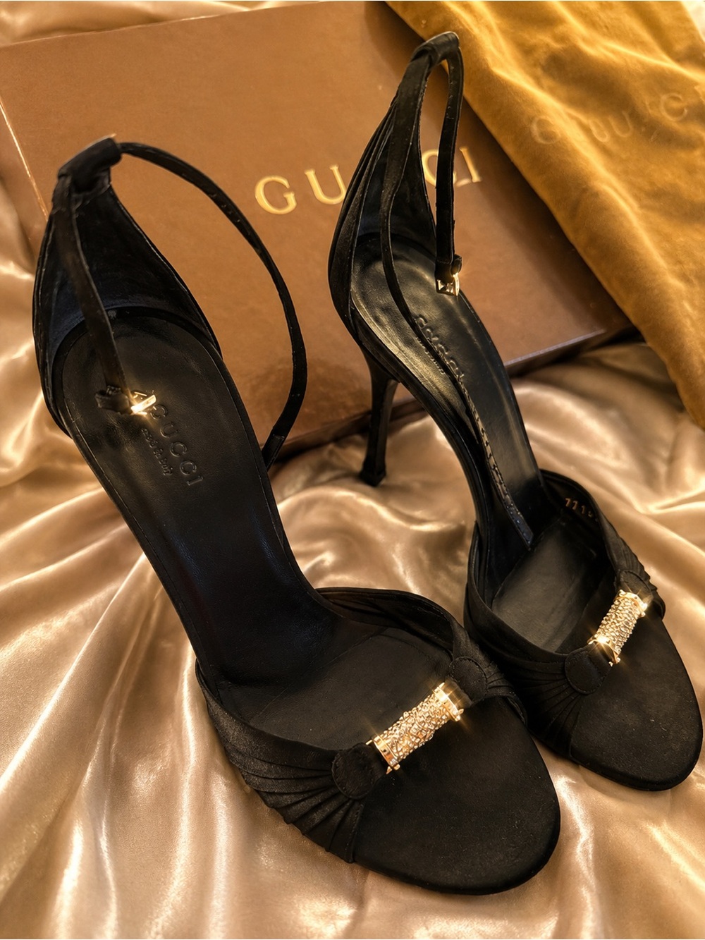 Gucci Black Satin Stiletto Sandals with Gold Pavé Accent LIKE NEW WORN ONCE